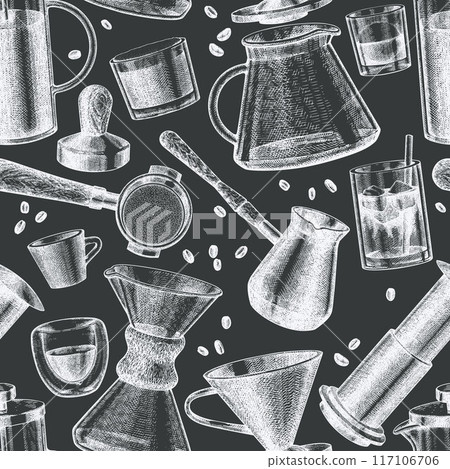 Alternative Coffee Makers Seamless Pattern. Vector Hand Drawn Specialty Coffee Equipment Background. Vintage Style Coffee Bar Chalk Board Illustration 117106706