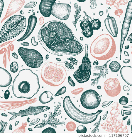 Paleo Diet Seamless Pattern. Vector Hand Drawn Healthy Food Background. Vintage Style Menu Illustration. Paleo Diet Seamless Pattern. Vector Hand Drawn Healthy Food Background. Vintage Style Menu Illustration. 117106707