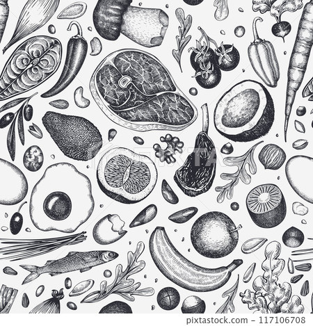 Paleo Diet  Seamless Pattern. Vector Hand Drawn Healthy Food Background. Vintage Style Menu Illustration. 117106708