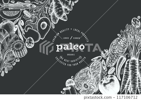 Paleo Diet Chalk Board Design Template. Vector Hand Drawn Healthy Food Banner. Vintage Style Menu Illustration. Paleo Diet Chalk Board Design Template. Vector Hand Drawn Healthy Food Banner. Vintage Style Menu Illustration. 117106712
