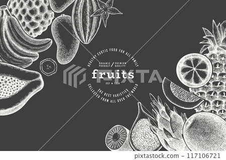 Tropical Fruit Design Template. Vector Hand Drawn Exotic Fruit Chalk Board llustration. Vintage Style Menu Illustration. Tropical Fruit Design Template. Vector Hand Drawn Exotic Fruit Chalk Board llustration. Vintage Style Menu Illustration. 117106721