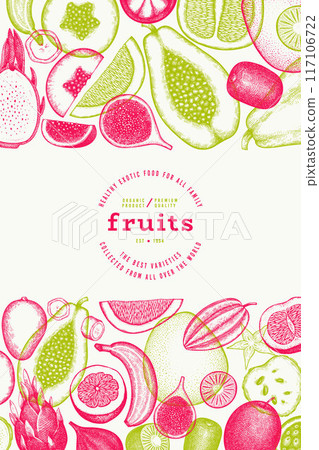 Tropical Fruit Design Template. Vector Hand Drawn Exotic Fruit Banner. Vintage Style Menu Illustration. Tropical Fruit Design Template. Vector Hand Drawn Exotic Fruit Banner. Vintage Style Menu Illustration. 117106722