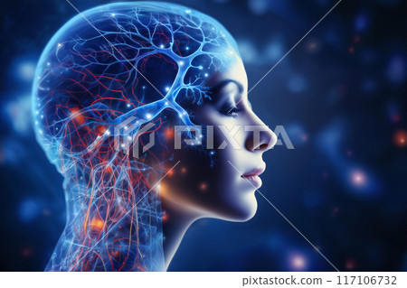 a schematic of human body with neural connections of head and brain and organ structures in form of hologram on abstract background with light, digital art, concept of biotechnology of future a schematic of human body with neural connections of head and brain and organ structures in form of hologram on abstract background with light, digital art, concept of biotechnology of future 117106732