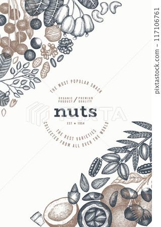 Hand Drawn Nuts Branch And Kernels  Template. Organic Seed Vector Design. Retro Nut Illustration. Engraved Style Botanical Banner. 117106761
