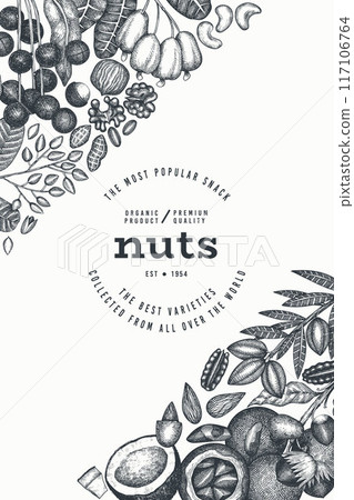 Hand Drawn Nuts Branch And Kernels  Template. Organic Seed Vector Design. Retro Nut Illustration. Engraved Style Botanical Banner. 117106764