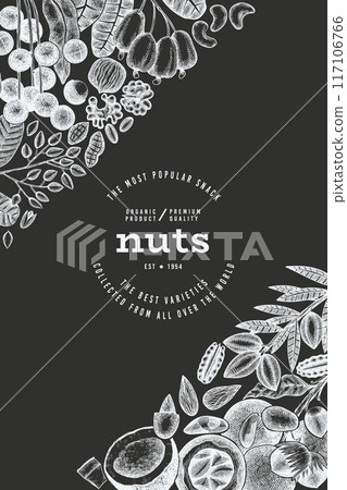 Hand Drawn Nuts Branch And Kernels  Template. Organic Seed Vector Design. Retro Chalk Board Nut Illustration. 117106766