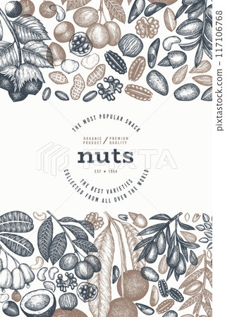 Hand Drawn Nuts Branch And Kernels  Template. Organic Seed Vector Design. Retro Nut Illustration. Engraved Style Botanical Banner. 117106768