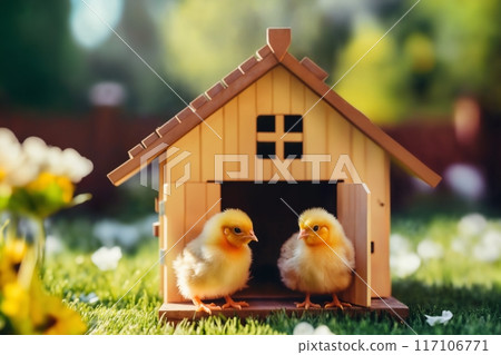 Small chickens against the background of spring nature on Easter, in a bright sunny day at a ranch in a village. 117106771