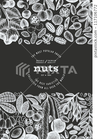 Hand Drawn Nuts Branch And Kernels  Template. Organic Seed Vector Design. Retro Chalk Board Nut Illustration. 117106772