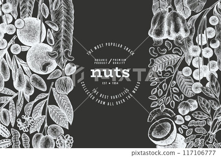 Hand Drawn Nuts Branch And Kernels Template. Organic Seed Vector Design. Retro Chalk Board Nut Illustration. Hand Drawn Nuts Branch And Kernels Template. Organic Seed Vector Design. Retro Chalk Board Nut Illustration. 117106777