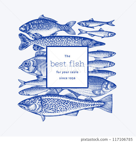 Vintage Style Fish Illustration. Vector Hand Drawn Seafood. High Quality Old Fashion Image 117106785