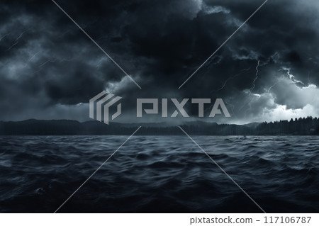 night landscape, dark dramatic stormy sky with cumulus clouds over forest and river, for abstract background 117106787