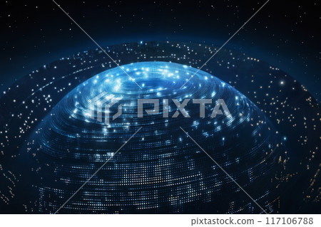 surface of earth planet with futuristic computer technology and mega city, digital connections with hologram and glow against background of space, concept of globalization and urbanization 117106788