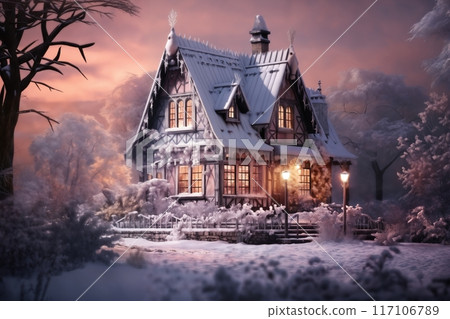 village street in winter season decorated for Christmas or New Year holiday, beautiful view of exteriors of houses , snow, sunset, street lights, festive environment 117106789