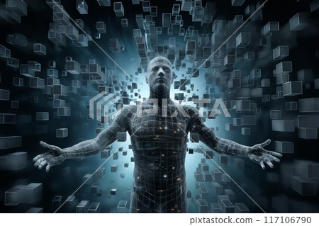 a human figure made of squares and cubes, standing in front of a digital background with abstract particles in space, cybernetics, computer rendering a human figure made of squares and cubes, standing in front of a digital background with abstract particles in space, cybernetics, computer rendering 117106790
