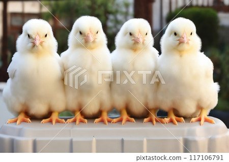 Small chickens against the background of spring nature on Easter, in a bright sunny day at a ranch in a village. 117106791