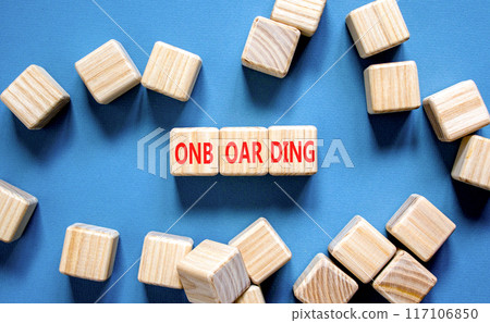 Onboarding success symbol. Concept word Onboarding on wooden blocks. Beautiful blue background. Business onboarding success concept. Copy space. 117106850