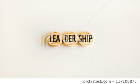Leadership symbol. Concept word Leadership on beautiful wooden circles. Beautiful white background. Business leadership concept. Copy space. Leadership symbol. Concept word Leadership on beautiful wooden circles. Beautiful white background. Business leadership concept. Copy space. 117106875
