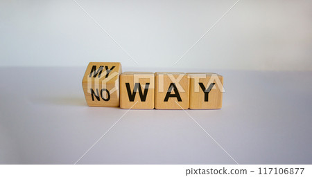 Turned a cube and changed the expression 'no way' to 'my way'. Beautiful white background. Business concept. Copy space. Turned a cube and changed the expression 'no way' to 'my way'. Beautiful white background. Business concept. Copy space. 117106877