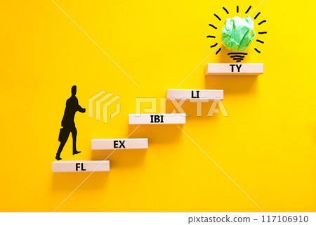 Flexibility symbol. Concept word Flexibility on beautiful wooden blocks. Businessman icon. Beautiful yellow background. Business flexibility concept. Copy space. 117106910