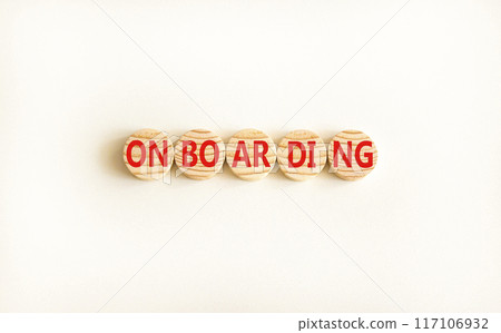 Onboarding success symbol. Concept word Onboarding on wooden circles. Beautiful white background. Business onboarding success concept. Copy space. 117106932