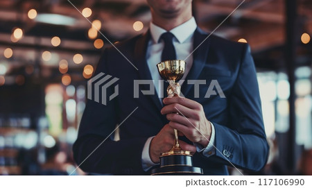 Close-up of a professional businessman's hands holding a golden victory trophy indoors 117106990
