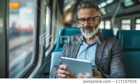 Mature businessman attentively reviews presentation slides on a digital tablet while commuting by train 117107026