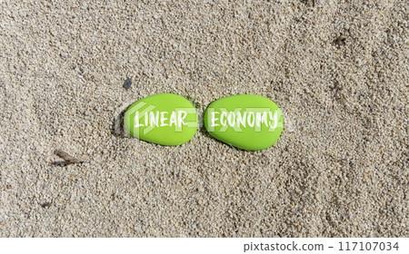 Linear economy symbol. Concept words Linear economy on beautiful green stone. Beautiful sand beach background. Business linear economy concept. Copy space. 117107034