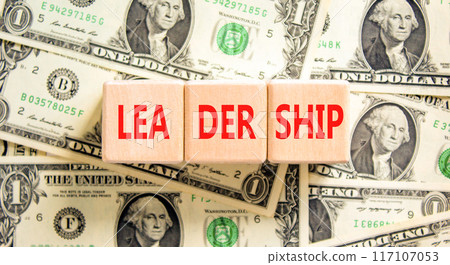 Leadership symbol. Concept word Leadership on beautiful wooden blocks. Dollar bills. Beautiful background from dollar bills. Business leadership concept. Copy space. Leadership symbol. Concept word Leadership on beautiful wooden blocks. Dollar bills. Beautiful background from dollar bills. Business leadership concept. Copy space. 117107053