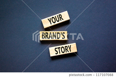 Branding and your brand story symbol. Concept words Your brands story on beautiful wooden blocks. Beautiful black table black background. Business branding your brand story concept. Copy space. 117107088