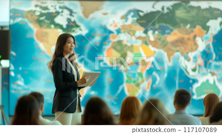 Female businesswoman delivering a professional global presentation to a multicultural audience at a corporate event with a world map in the background 117107089