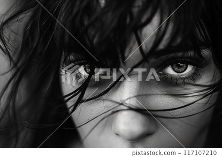 Close-up black and white photo capturing a woman's expressive eyes peering through her messy hair 117107210