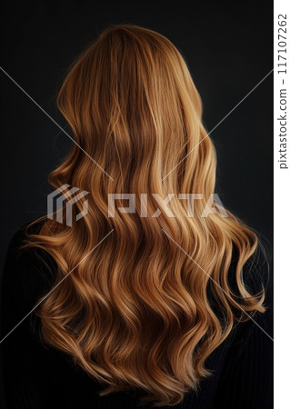 Back view of a woman's long, wavy, blonde hair presented against a dark backdrop 117107262