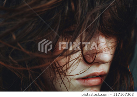Close-up image capturing the detailed texture of a woman's tousled fringe covering her face 117107308