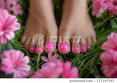 Close-up view of feet with bright pink toenails surrounded by soft pink gerbera daisies 117107347