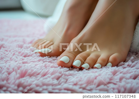 Close-up of feet with a fresh white pedicure resting on a soft pink rug, signifying self-care time 117107348
