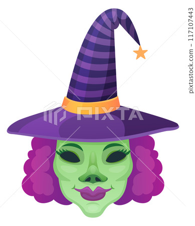 Witch party mask. Cartoon scary costume head 117107443