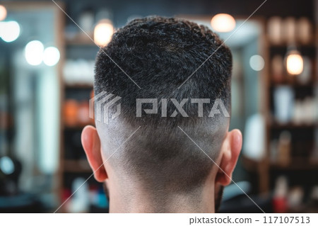 Detailed view of a man's fade haircut from the back, showcasing the gradation in hair length 117107513