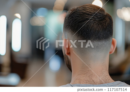 Detailed image showcasing the neat lines of a man's fade hairstyle from a rear perspective 117107514