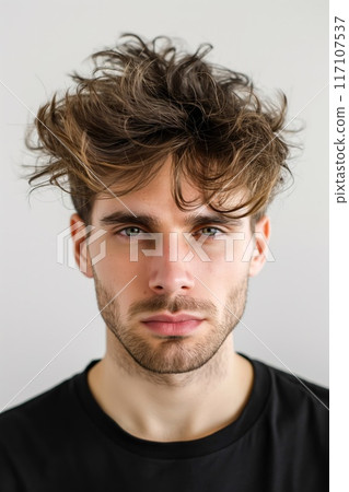 Close-up portrait of a young man with a trendy messy fringe hairstyle 117107537