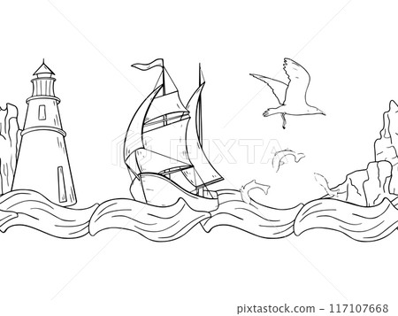 Nautical black and white vector seamless border of sailing ship on wave . Marine repeating texture of lighthouse and rocks graphic line art. Boat seagull beacon endless monochrome background. 117107668