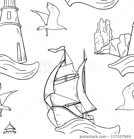 Marine vector graphic seamless pattern of sailing ship on wave . Nautical repeating texture of lighthouse and rocks black and white line art. Boat seagull beacon endless monochrome background. Marine vector graphic seamless pattern of sailing ship on wave . Nautical repeating texture of lighthouse and rocks black and white line art. Boat seagull beacon endless monochrome background. 117107669