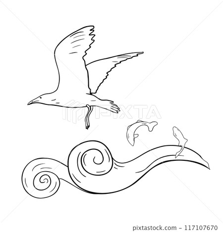 Seagull flying above curly wave black and white vector illustration isolated. Sea bird and fishes silhouettes hand drawn ink . Marine draw line contour. Sea life graphic draw. Seascape view outline. 117107670
