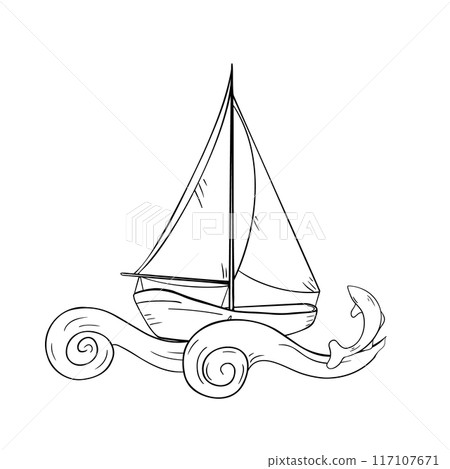 Sailing boat on curly wave black and white vector illustration isolated. Fishing boat and fishes hand drawn ink silhouette. Yacht contour. Sea transport coloring. Simple cartoon drawing boat outline. 117107671