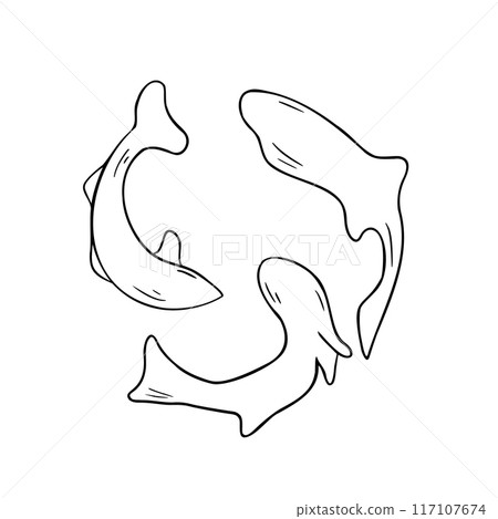 Silhouettes sharks black and white vector illustration isolated. Salmon, trout fishes in circle hand drawn ink silhouette. Simple sea fish in contour. Fish elements for package, label, menu, market 117107674