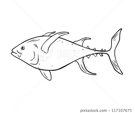 Single tuna fish black and white vector illustration isolated. Kingfish hand drawn ink silhouette. Simple fish King Mackerel contour. Yellowtail in line art for package, label, menu, market 117107675
