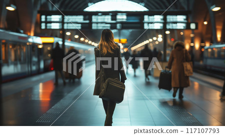 Rear view of a businesswoman walking through a bustling train station corridor 117107793