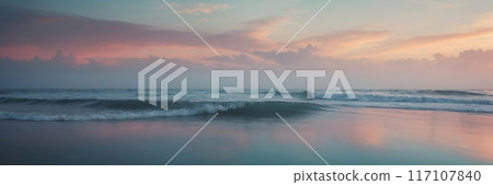 Pastel colors of calm radiant sea waves at sunset. 117107840