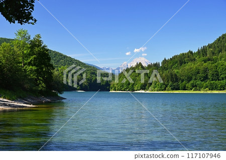 Landscape with nature. Beautiful and clean lake in the Austrian Alps - Mondsee. The Salt Chamber region - the federal state of Upper Austria. Concept for travel, vacation, environment and tourism. 117107946