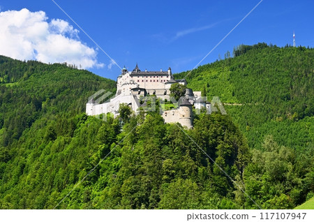 A landscape with nature and a beautiful old castle. Hohenwerfen medieval castle towering over the Austrian town of Werfen. 117107947